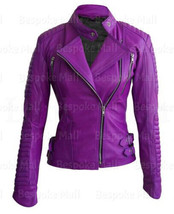 New Woman Purple Brando Style Quilted Zippered Up Sheep Skin Leather Jac... - $167.39+