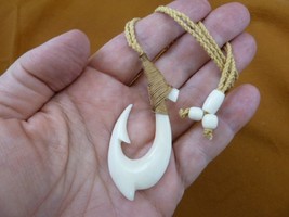 (MA-50) Xl Maori Style White Aceh Bovine Bone Fish Hook Pendant Braid Necklace - £36.54 GBP