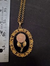 Vintage Avon Carved Faux Coral Rose Cameo Mirrored Goldtone Pendant 30&quot; - £15.33 GBP
