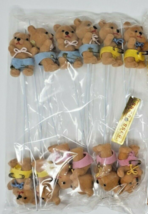 Vintage 12 Flocked Teddy Bear Cake Toppers Picks Pink Yellow Blue New in... - $7.99