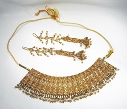 Estate Gold Plated Huge India Necklace & Jhumkas Earrings Set C1901 - £37.11 GBP