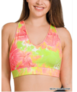 Zenana 1X Tie Dyed Mesh Lined  Racer Back Removable Padded  Bra Yellow/Pink - £10.22 GBP