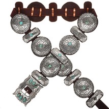 Native American Navajo Natural Turquoise Stamped Silver Concho Belt Handmade XLG - £985.85 GBP