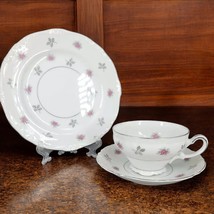 Vintage Tea Set Rosette Japan 3 pc Fine Bone China White Silver Trim Pin... - $20.31