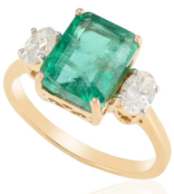 18K Gold Emerald Diamond Three Stone Ring - £2,614.36 GBP