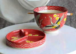 Red Flying Crane Ramen Bowl With Tempura Divider Condiment Lid Chopsticks Set - £19.97 GBP