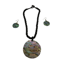 Black Bead Necklace With Abalone Pendant Multi Strand Twisted Seed And Earrings - £23.97 GBP