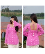 Women Pink Bandhani Printed Kurti Top Bell Sleeve Ethnic Tunic Boho Indian Casua - $10.00