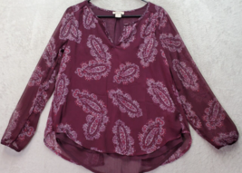 Lucky Brand Blouse Top Womens Small Burgundy Paisley Sheer Long Sleeve Open Back - £16.80 GBP