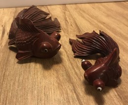 Rosewood Asian Carved Koi Fish Carp Vintage Pair 2 W/ Small Glass Eyes G... - $89.10