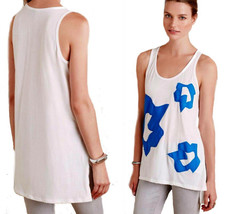 $78 Anthropologie Applique Tank Large 10 12 White + Blue Top Cotton High Low NWT - £23.02 GBP