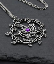 Antique Silver Pentacle Necklace With Purple Gem - Wicca Jewellery - £12.69 GBP