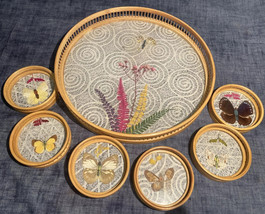 Bamboo Coasters W/Tray Set, Real Butterfly in Design Circular, Glass Vintage 7Pc - £14.18 GBP
