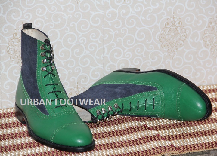 New Mens Handmade Stylish Formal Boot, Blue Suede & Green Leather Casual Wear