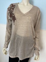 MittoShop Tan with Brown Floral Embroidery Long Sleeve V Neck Top Size L, NWT - £11.34 GBP