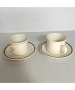 Vintage stoneware two coffee cups mugs and saucers brown trim on saucers  - $24.70