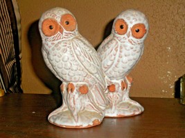 Vintage Redware -TERRA Cotta White Glazed Owl Figurines On Log Set Of 2 - £26.49 GBP