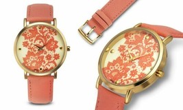 NEW Rousseau 9912 Women&#39;s Lace Collection Gold IP Case Coral Pink Leather Watch - £25.28 GBP