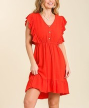 UMGEE Tomato Red Button-Detail Fringe Hems A-Line Dress- Medium - £21.64 GBP