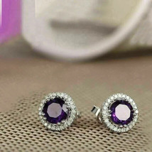 2Ct Round Beautiful Simulated Amethyst Halo Stud Earrings 14K White Gold Plated - £26.21 GBP