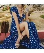 New navy dark blue polka dot maxi summer wrap dress sexy long slit plus size - $39.00
