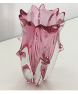 small  heavy art glass vase two tone color pink n clear scalloped edges  - $39.60