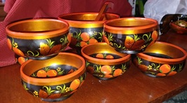 Russian Lacquered Khokhloma Serving bowl with 6 small bowls image 6