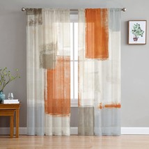 Orange Brown Gray Beige Sheer Curtains 84 Inch Length 2 Panels Set, Abstract Oil - £38.48 GBP