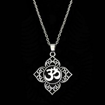 Ohm Necklace Lotus Filigree Square Pendant Yoga Hindu Symbol Om Aum Buddha New - £6.38 GBP