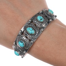 6.5&quot; 20&#39;s-30&#39;s Navajo Ingot silver hand stamped conchos turquoise cuff bracelet - £762.07 GBP