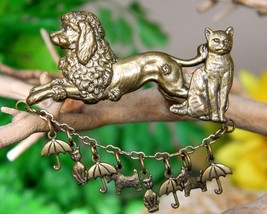 Vintage Raining Cats and Dogs Brooch Pin Poodle Scotty Umbrella Brass - £15.99 GBP