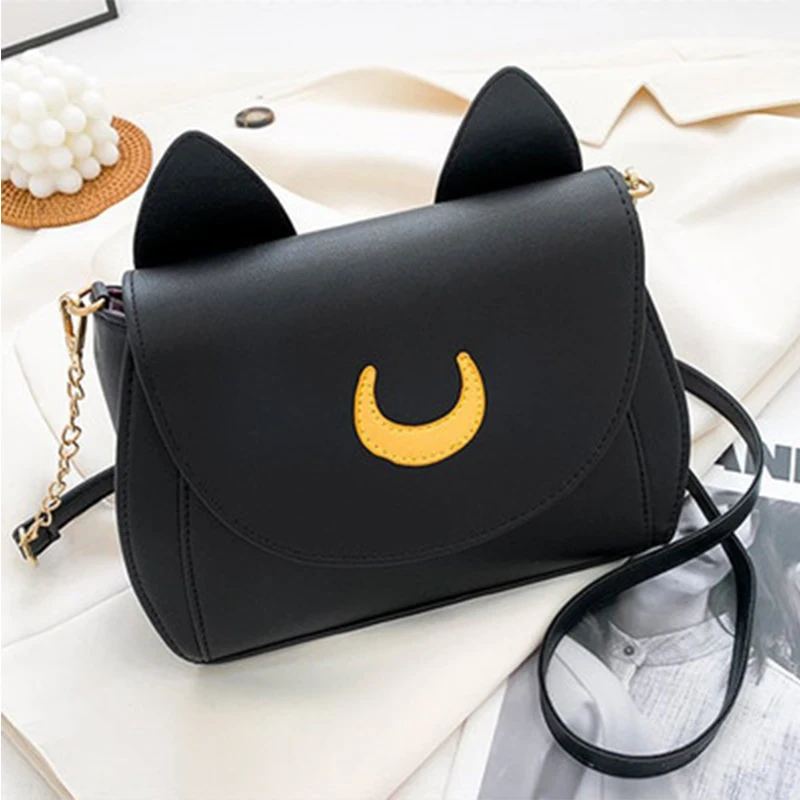 Summer Sailor Moon Ladies Handbag Black Luna Cat Shape Chain Shoulder Bag PU Lea - £24.80 GBP