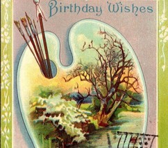 1911 Happy Birthday Wishes Art Nouveau Brushes Palette Landscape Art Postcard - £12.02 GBP