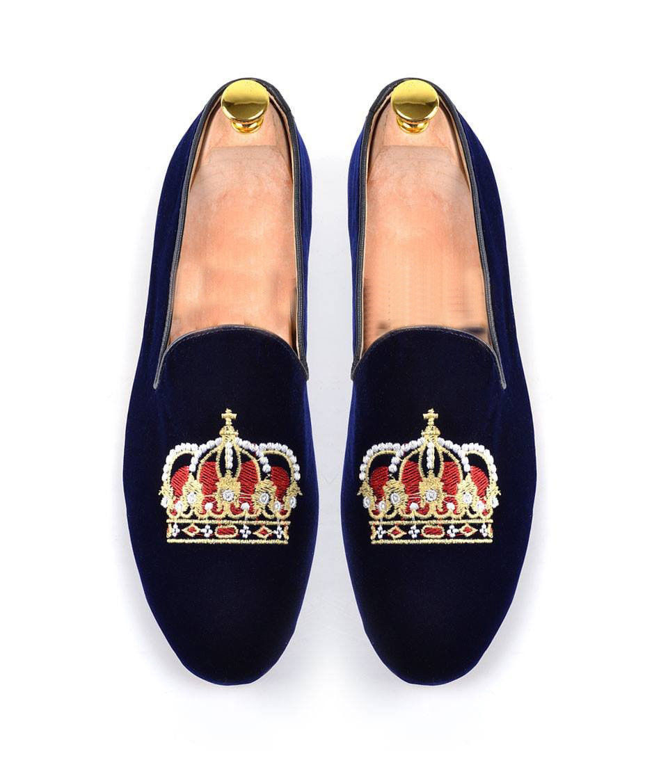 New Hand Crafted Blue Velvet Slippers Crown Embroidery Slippers Wedding Loafer