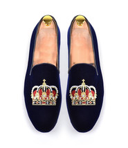  New Hand Crafted Blue Velvet Slippers Crown Embroidery Slippers Wedding Loafer  - £112.57 GBP