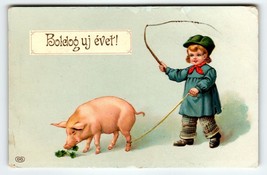 New Year Postcard Child With Whip Pig Eating Four Leaf Clovers Gel EAS Germany - £23.08 GBP