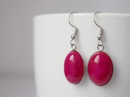Pink jade earrings, Oval gemstone dangle earrings, Dark pink, Camellia pink, Pin - $31.90
