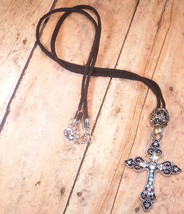 Necklace Black Leather Cord Metal Cross Pendant 20&quot; Appx. Handmade New - £15.98 GBP