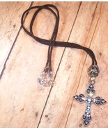 Necklace Black Leather Cord Metal Cross Pendant 20&quot; Appx. Handmade New - $20.00