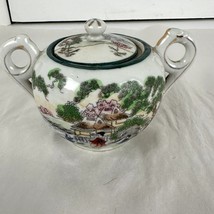 Japanese China Sugar Bowl Green Geisha Floral Structures 1921-1941 - £16.88 GBP