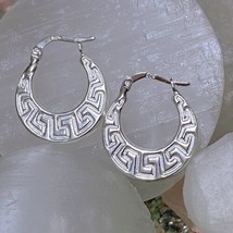 White Gold finish Greek Circle Huggie Hoop Earrings 925 Sterling Silver - £35.61 GBP