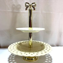 Vintage Brass Tier Tray Bow Lace Double Levels Pale Yellow Cream - $42.68