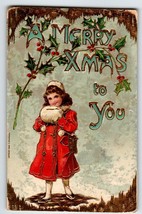 Christmas Postcard Embossed Gold Trim Girl Muff 1909 F Beuthen Gel Coat Germany - £18.66 GBP