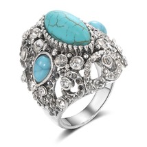 Hot Natural Stone Big Vintage Wedding Rings For Women Tibetan Silver Mosaic Blue - £6.60 GBP