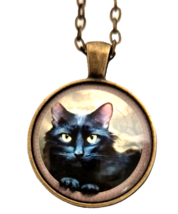 Black Cat Pendant Necklace Encased in Brushed Bronze Tone Metal 21 inches - £4.79 GBP
