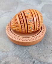 Set Carved Wooden Easter Egg on Plate Handmade Ukrainian Pysanky Pysanka... - $9.90