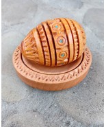 Set Carved Wooden Easter Egg on Plate Handmade Ukrainian Pysanky Pysanka... - £7.76 GBP