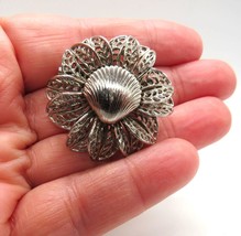 Vintage Flower Brooch Silver Tone Shell Center Filigree Stacked Petals Pin - $14.85