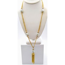 Vintage Multi Strand Tassel Necklace, Gold Tone Chains Double Strand w Baroque - £29.47 GBP