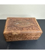Jewelry Trinket Box Hand Carved Wood Vintage Floral Inlay Hinged 6 in x ... - $256.55 MXN